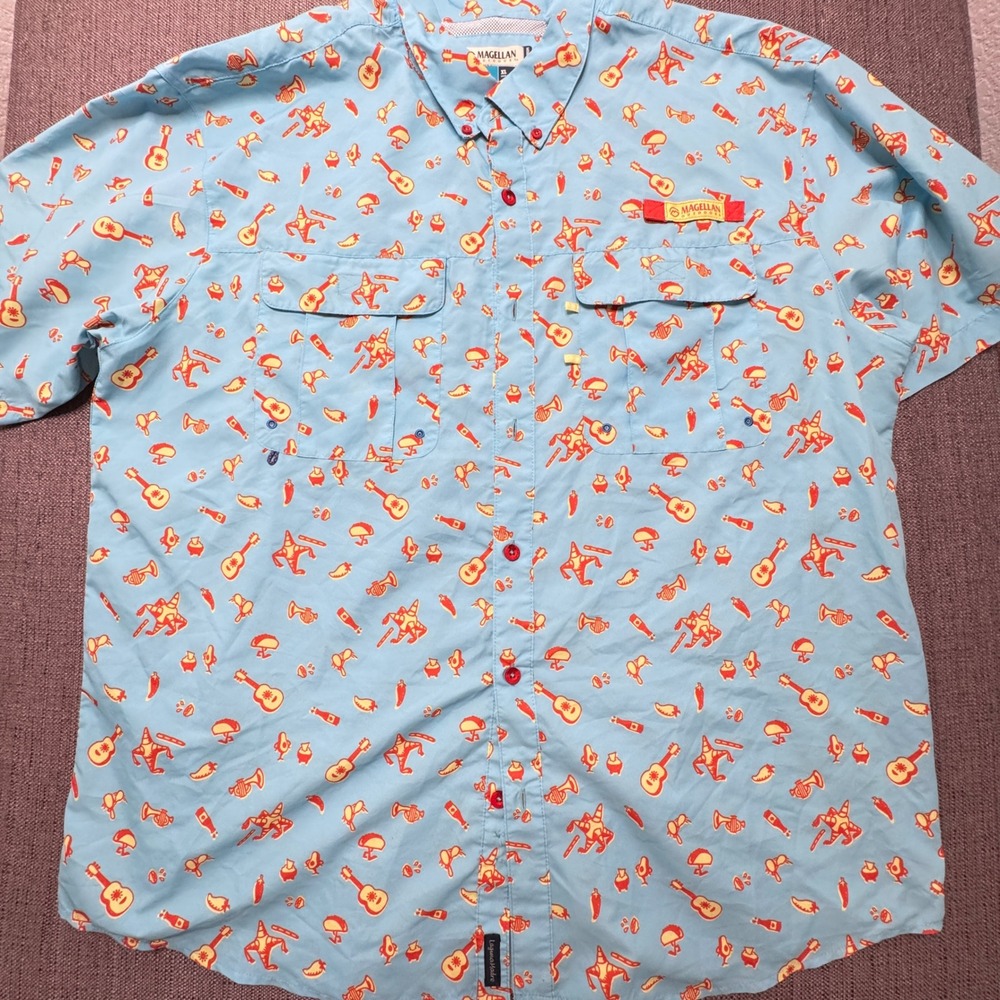Magellan Outdoors Fish Gear Laguna Madre Shirt XL Blue Fiesta Taco Pinata Print